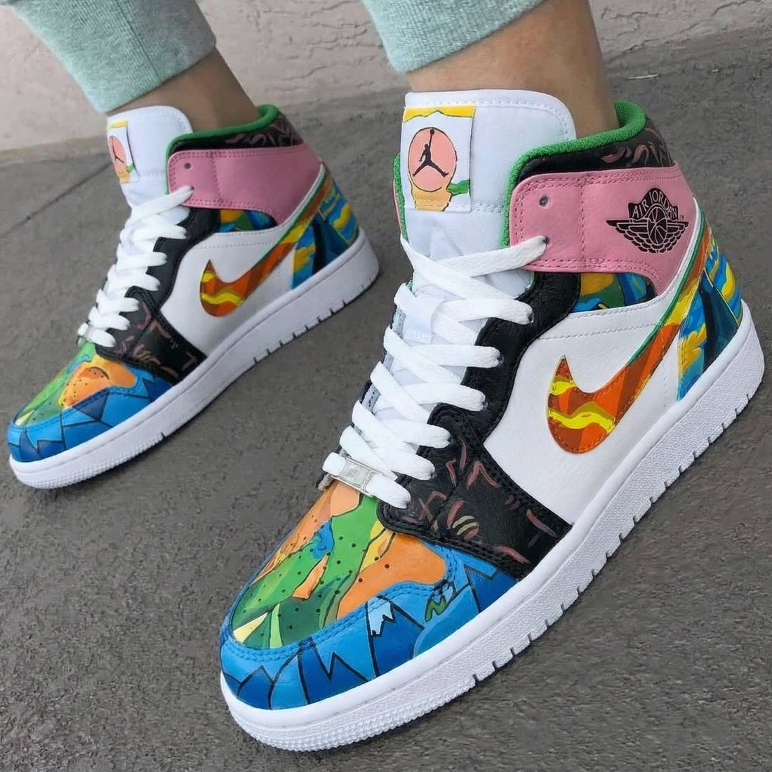 Custom AJ 1s Shoes Landscape Pattern Baby Pink Green