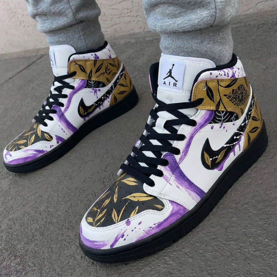 Custom AJ 1s Shoes Leaf Pattern Purple Black