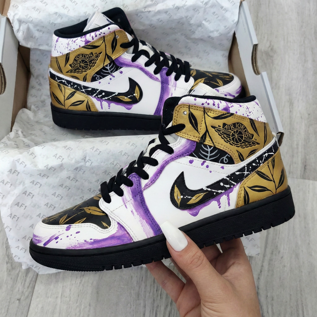 Custom AJ 1s Shoes Leaf Pattern Purple Black