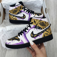 Custom AJ 1s Shoes Leaf Pattern Purple Black