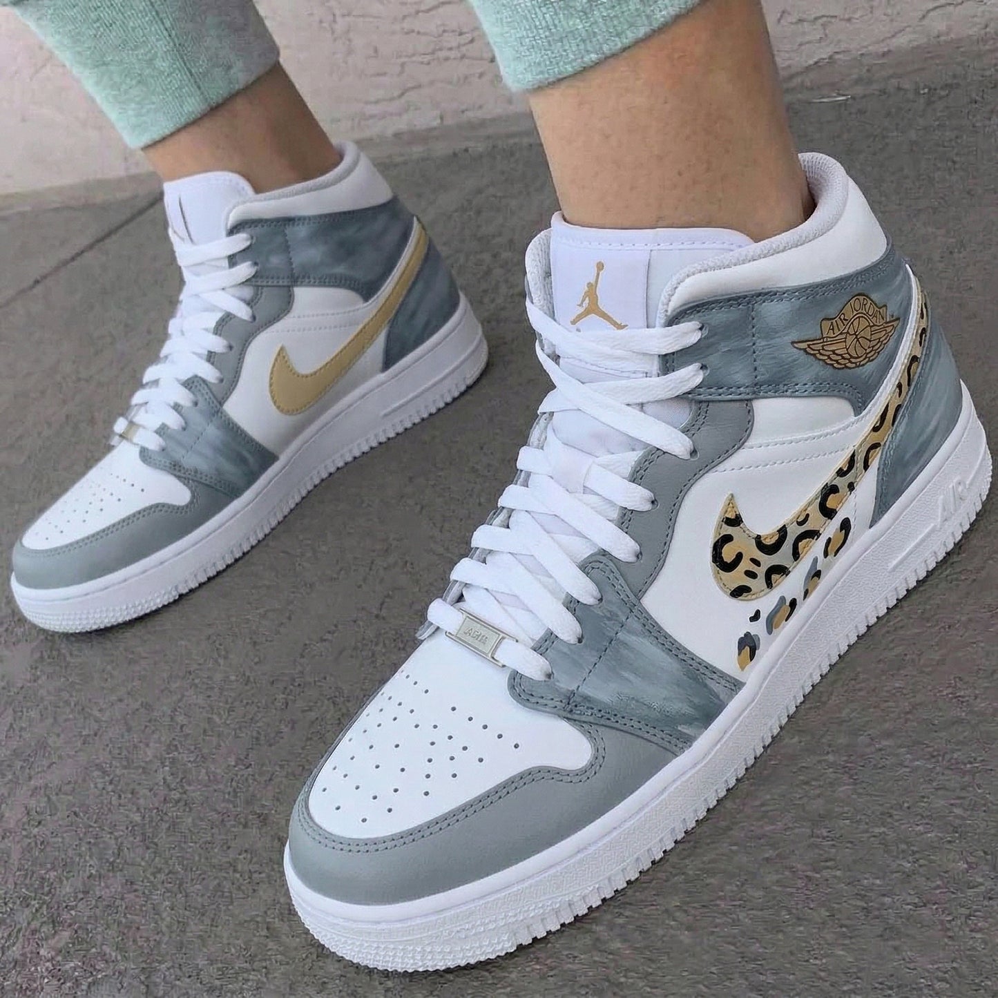 Custom AJ 1s Shoes Leopard Print Swoosh Brush Stroke Gray Gold