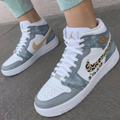 Custom AJ 1s Shoes Leopard Print Swoosh Brush Stroke Gray Gold