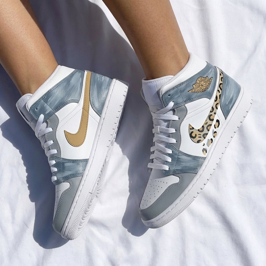 Custom AJ 1s Shoes Leopard Print Swoosh Brush Stroke Gray Gold