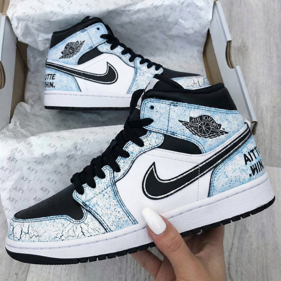 Custom AJ 1s Shoes Light Blue Black Crackle