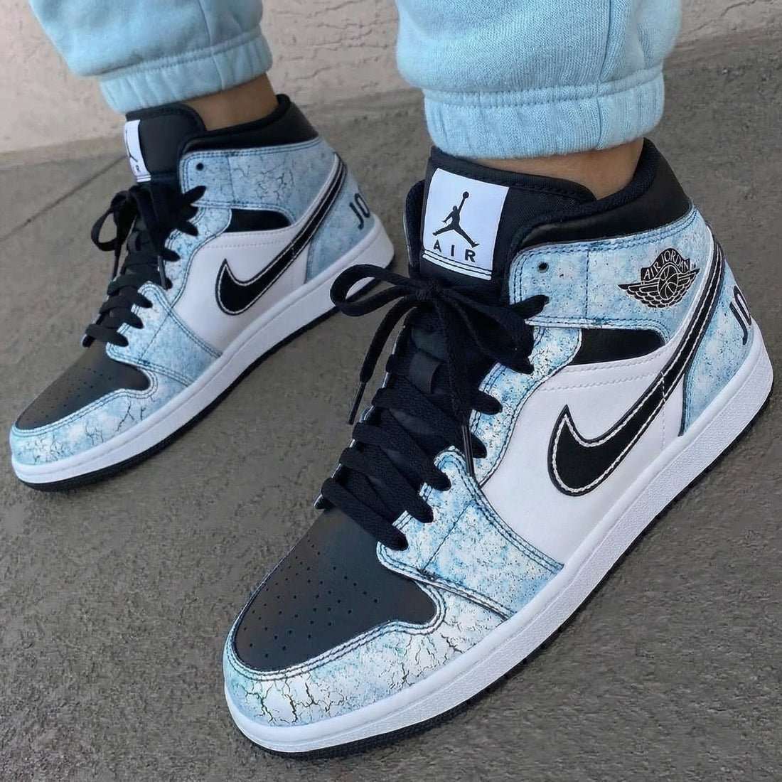 Custom AJ 1s Shoes Light Blue Black Crackle