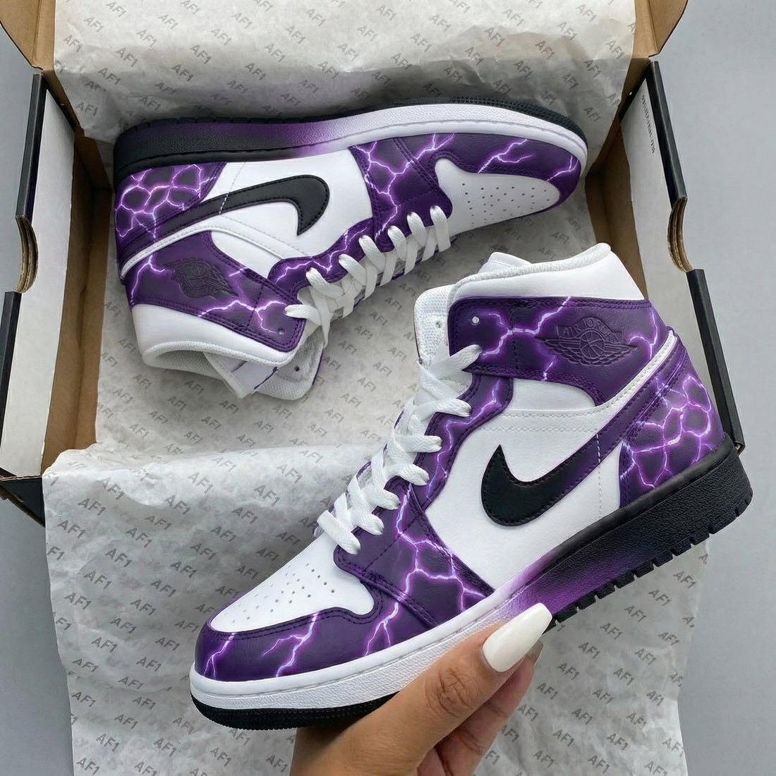 Custom AJ 1s Shoes Lightning Pattern Purple White