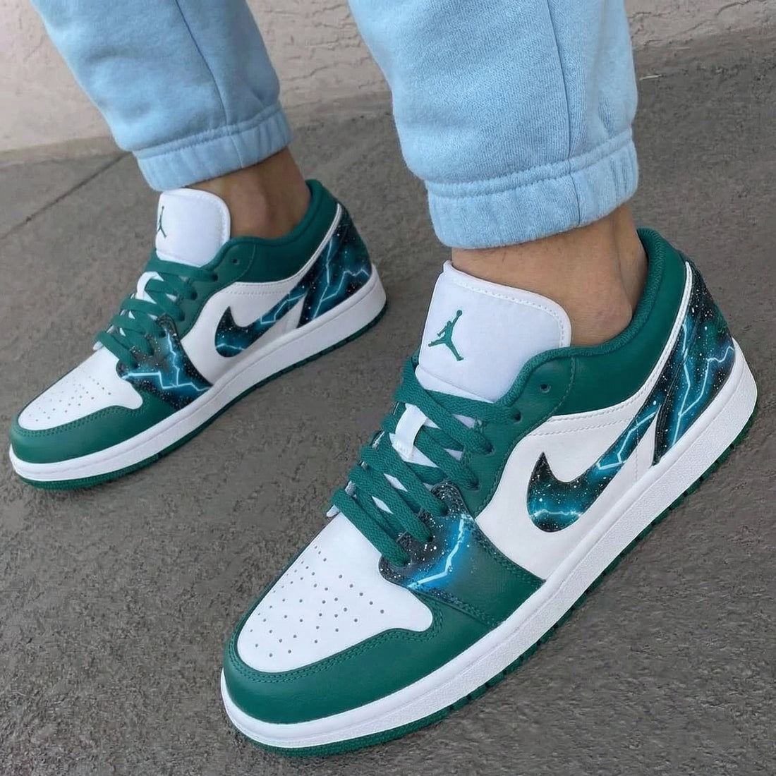 Custom AJ 1s Shoes Lightning Starry Sky Pattern Green Blue