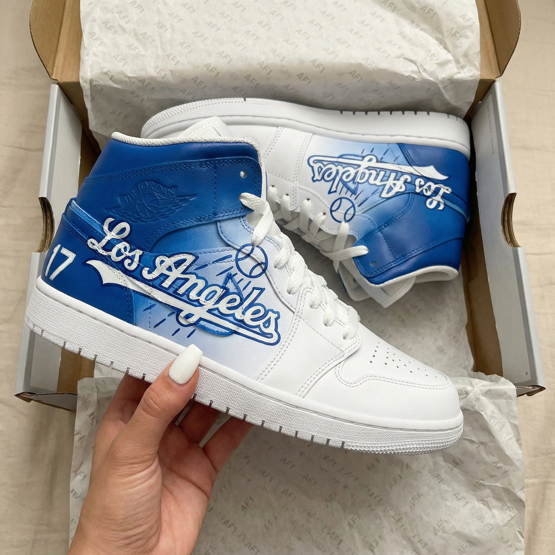 Custom AJ 1s Shoes Los Angeles Dodgers Baseball Text White Blue