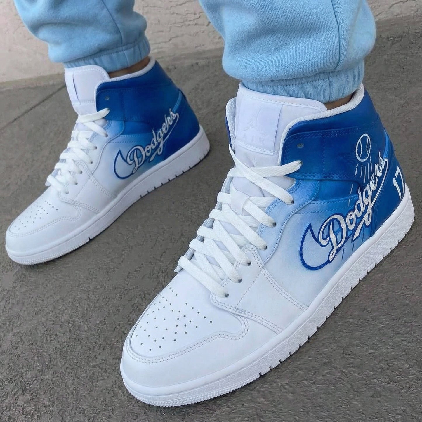 Custom AJ 1s Shoes Los Angeles Dodgers Baseball Text White Blue