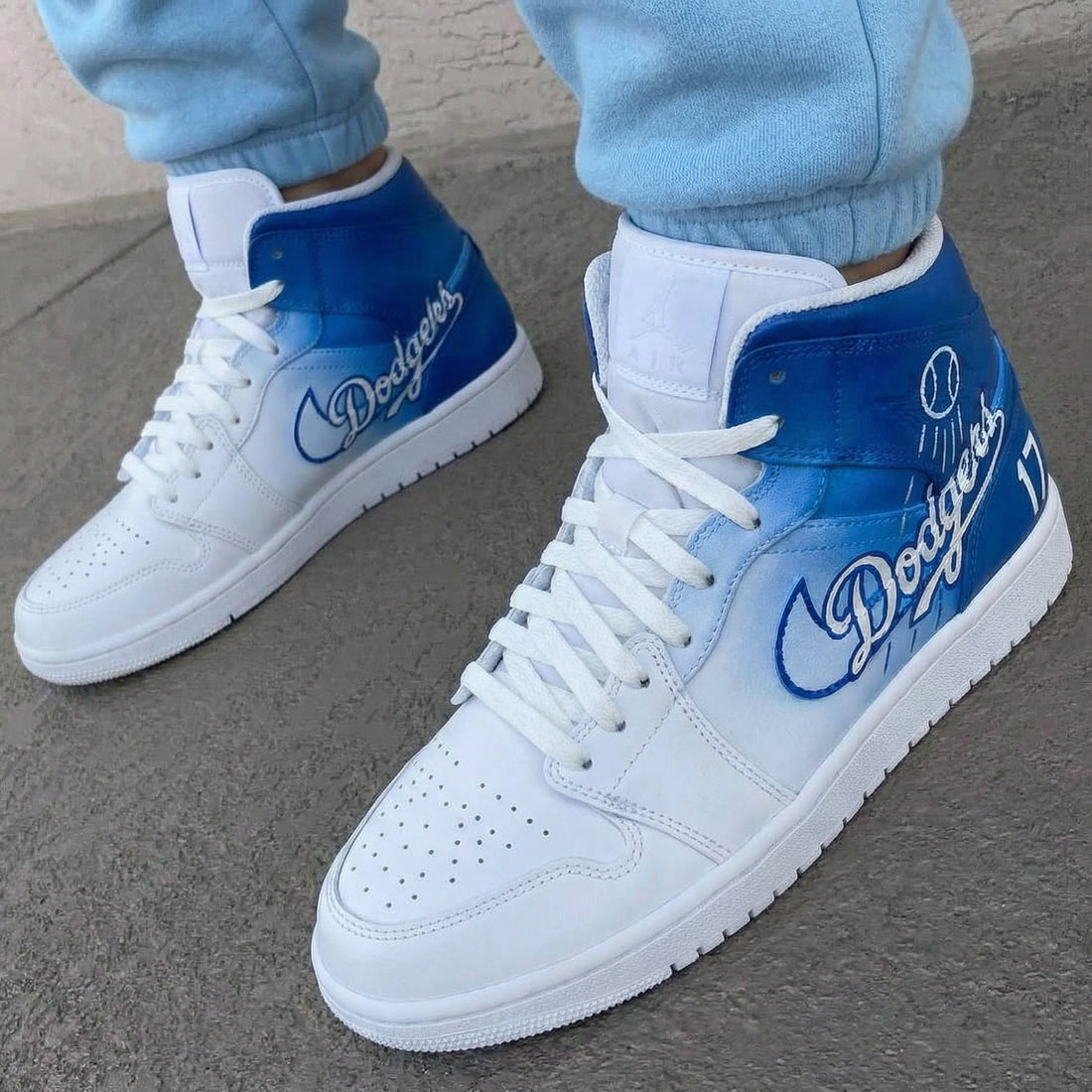 Custom AJ 1s Shoes Los Angeles Dodgers Baseball Text White Blue