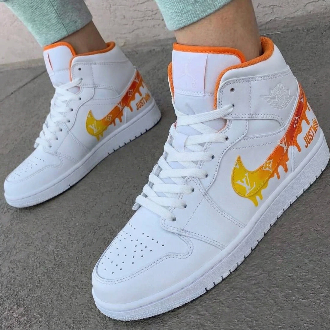 Custom AJ 1s Shoes LV Drip Design Orange Yellow