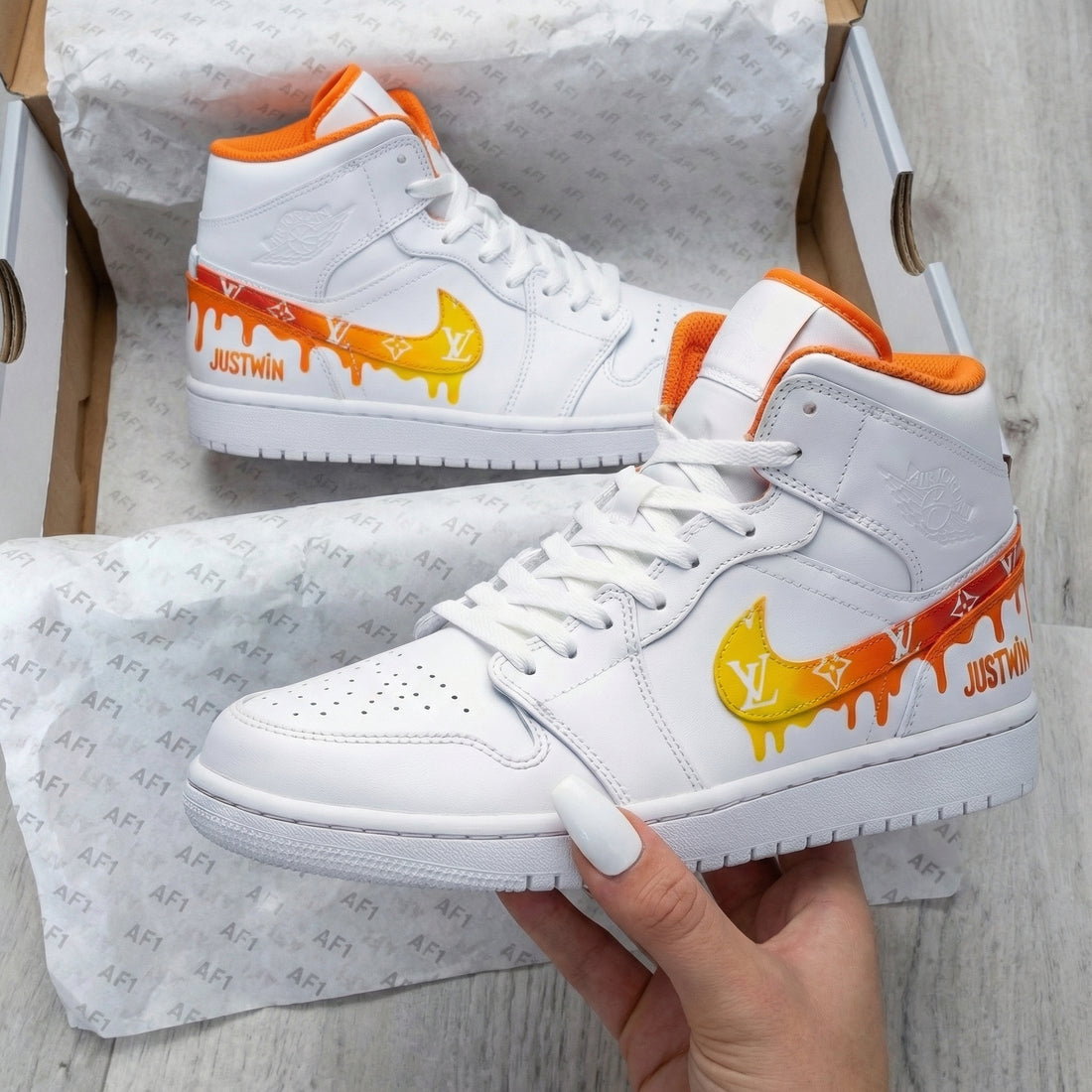 Custom AJ 1s Shoes LV Drip Design Orange Yellow