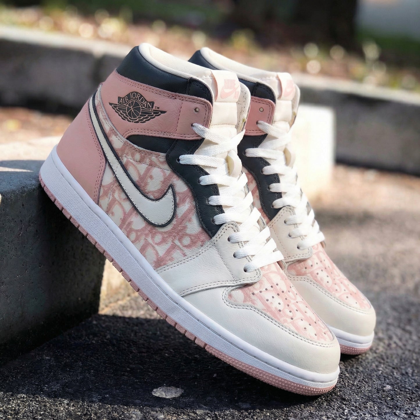 Custom AJ 1s Shoes LV Pattern Baby Pink Black