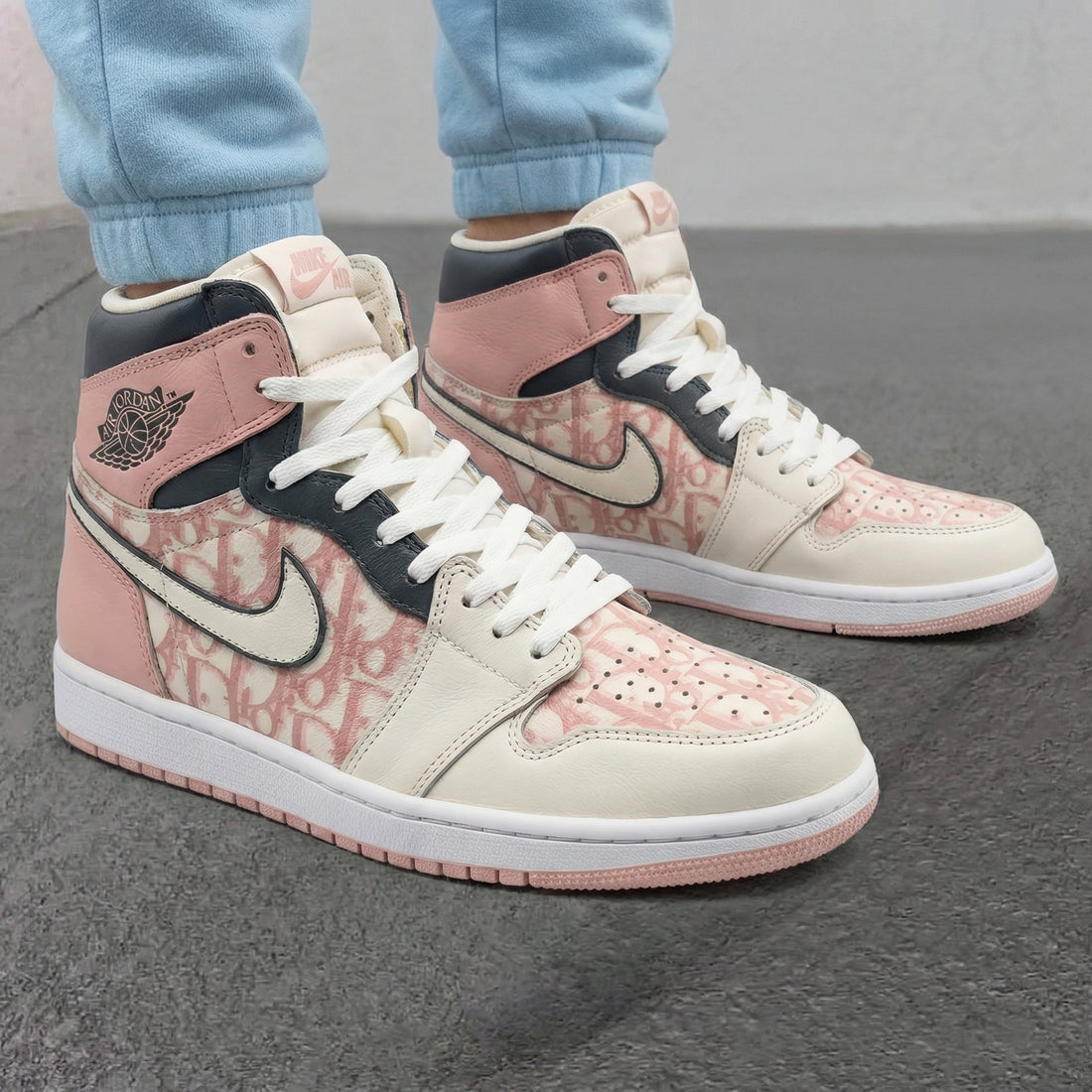 Custom AJ 1s Shoes LV Pattern Baby Pink Black