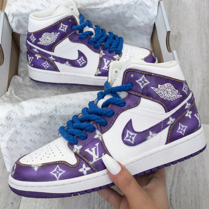 Custom AJ 1s Shoes LV Pattern Blue Purple