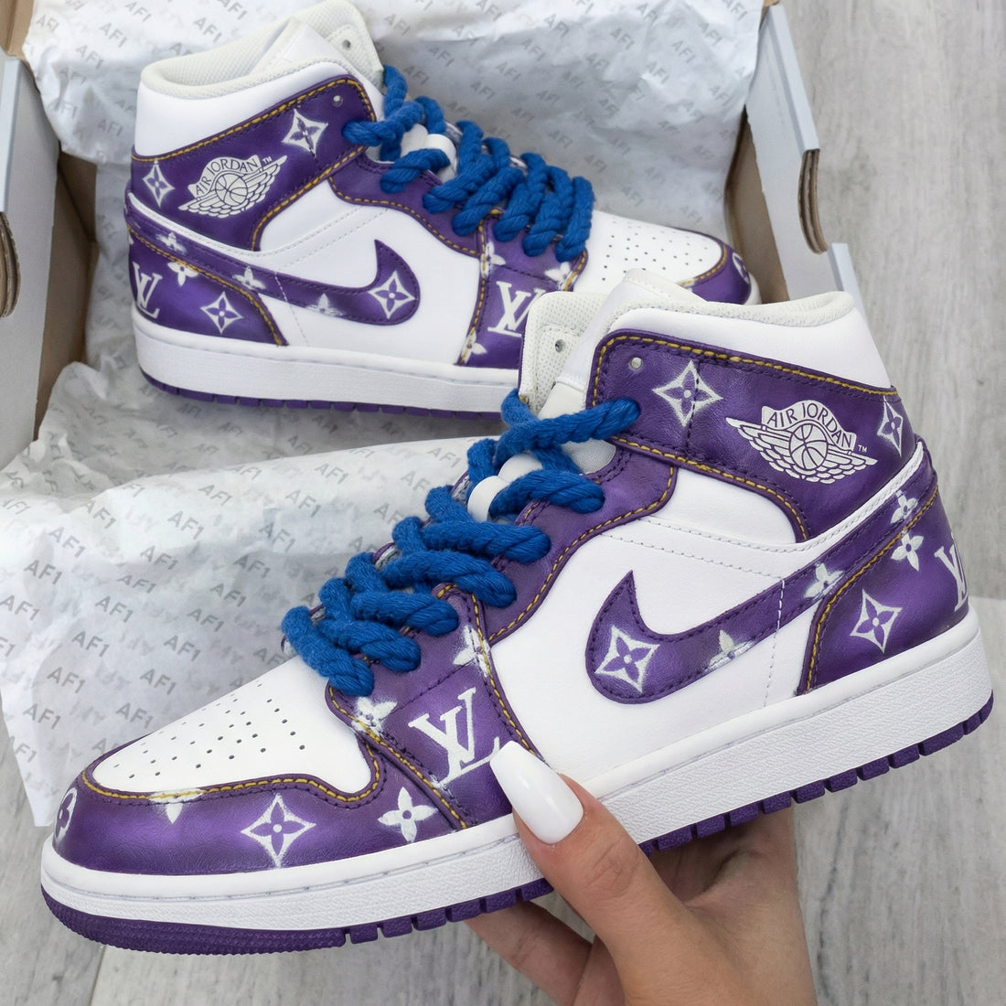 Custom AJ 1s Shoes LV Pattern Blue Purple