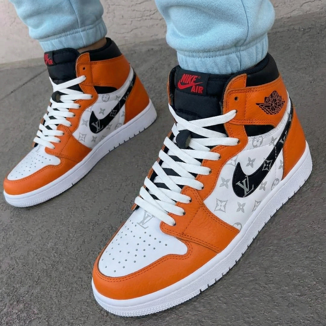 Custom AJ 1s Shoes LV Pattern Orange Black and White