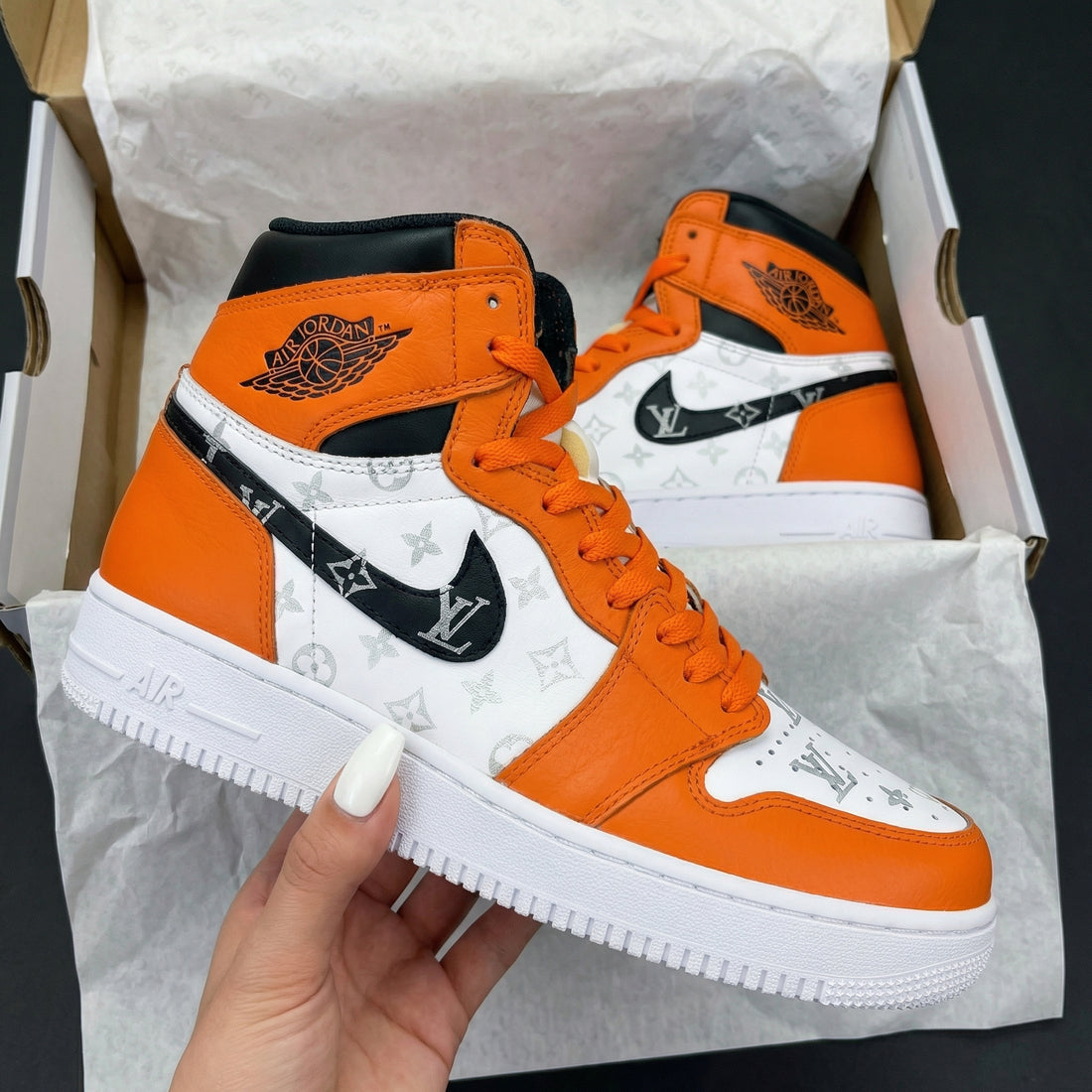 Custom AJ 1s Shoes LV Pattern Orange Black and White