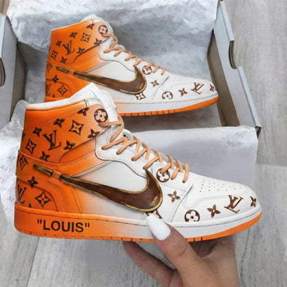 Custom AJ 1s Shoes LV Pattern Orange Brown