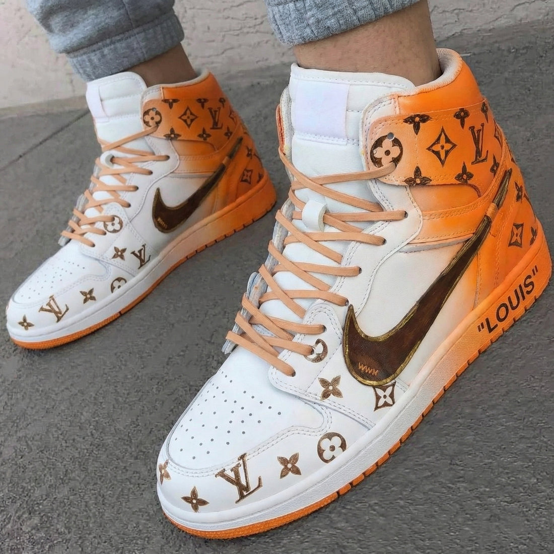 Custom AJ 1s Shoes LV Pattern Orange Brown