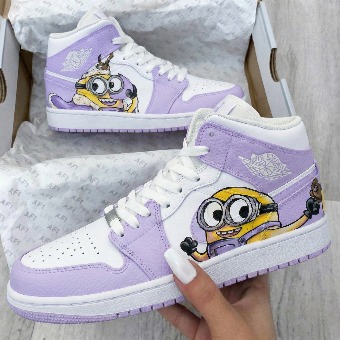 Custom AJ 1s Shoes Minion Design Lilac White