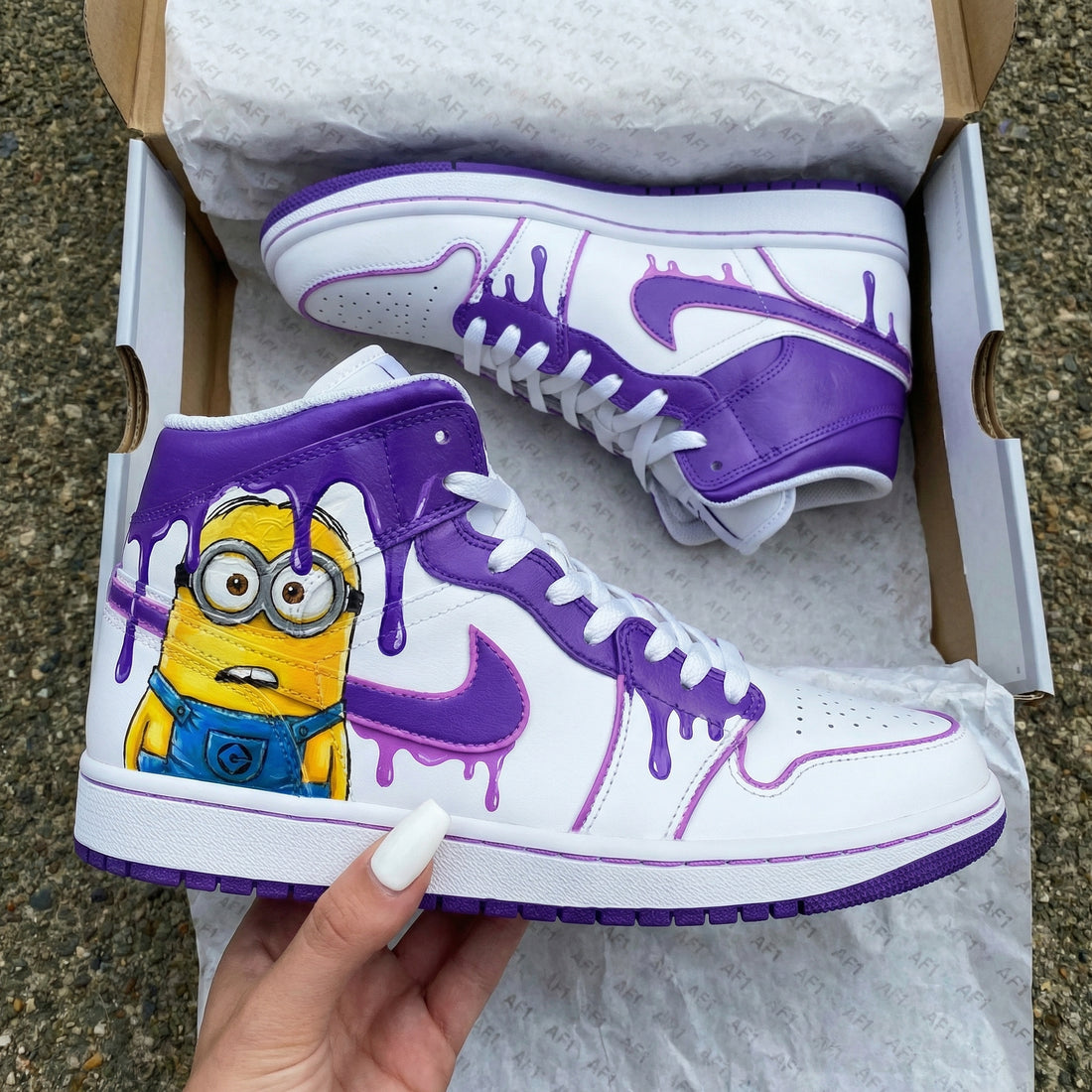 Custom AJ 1s Shoes Minion Pattern Purple White