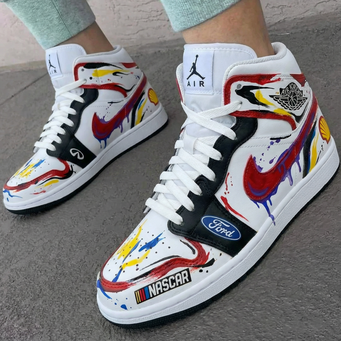 Custom AJ 1s Shoes Nascar Shell Paint Splatter Red Yellow Black