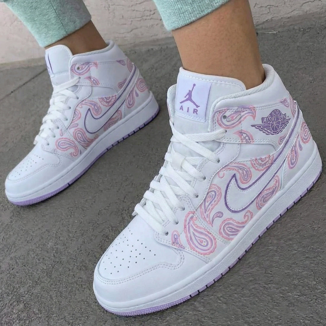 Custom AJ 1s Shoes Paisley Pattern Baby Pink Purple