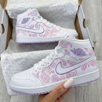 Custom AJ 1s Shoes Paisley Pattern Baby Pink Purple