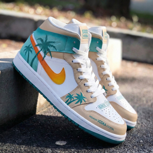 Custom AJ 1s Shoes Palm Tree Pattern Teal Orange