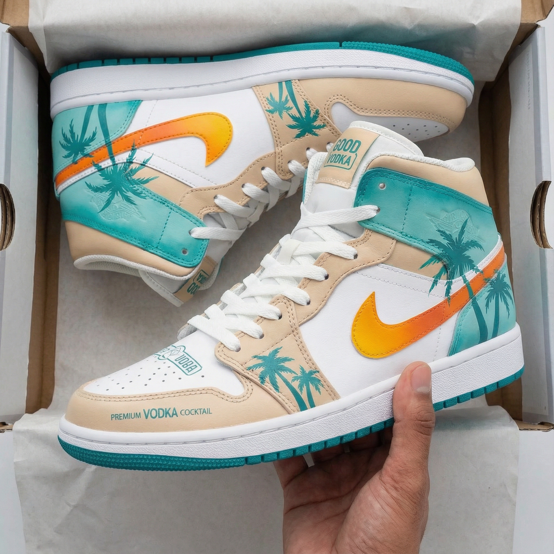 Custom AJ 1s Shoes Palm Tree Pattern Teal Orange