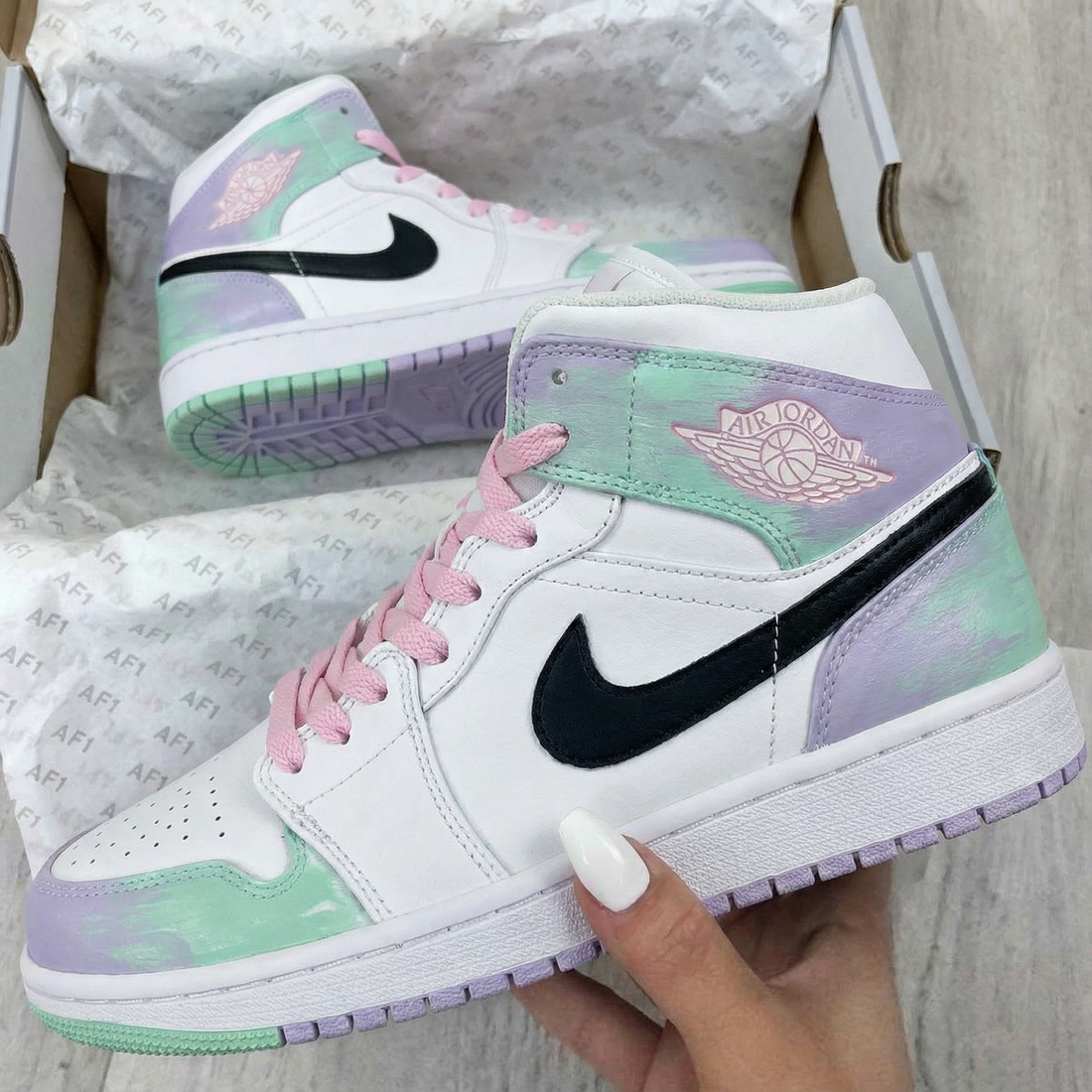 Custom AJ 1s Shoes Pastel Purple Green and Baby Pink