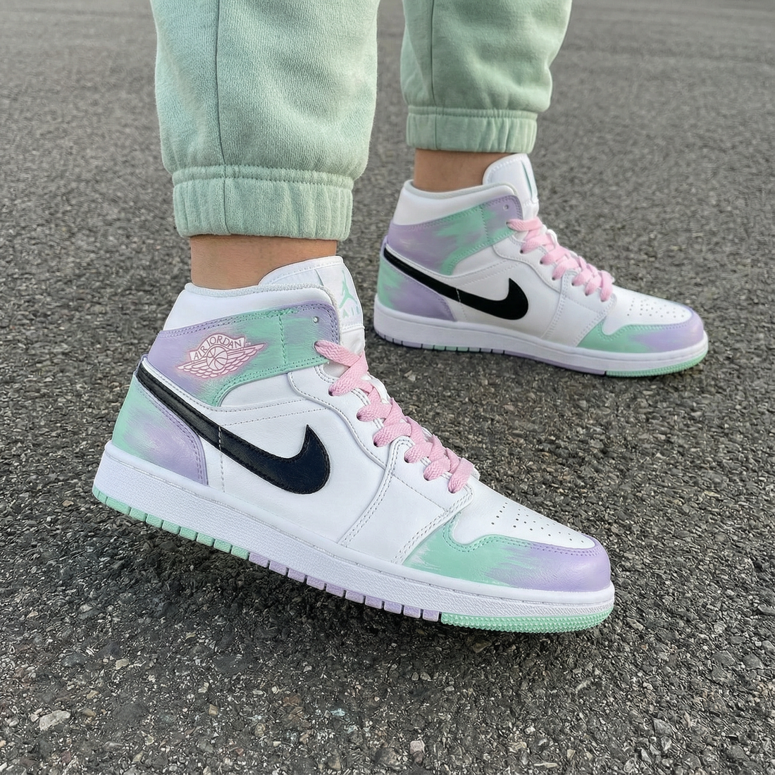 Custom AJ 1s Shoes Pastel Purple Green and Baby Pink