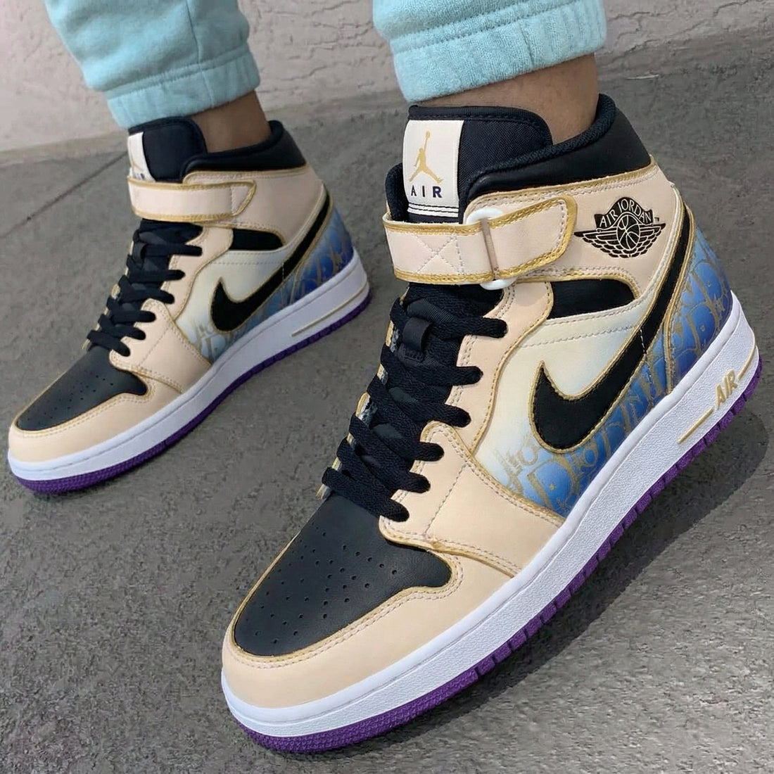 Custom AJ 1s Shoes Pattern Beige Black Purple