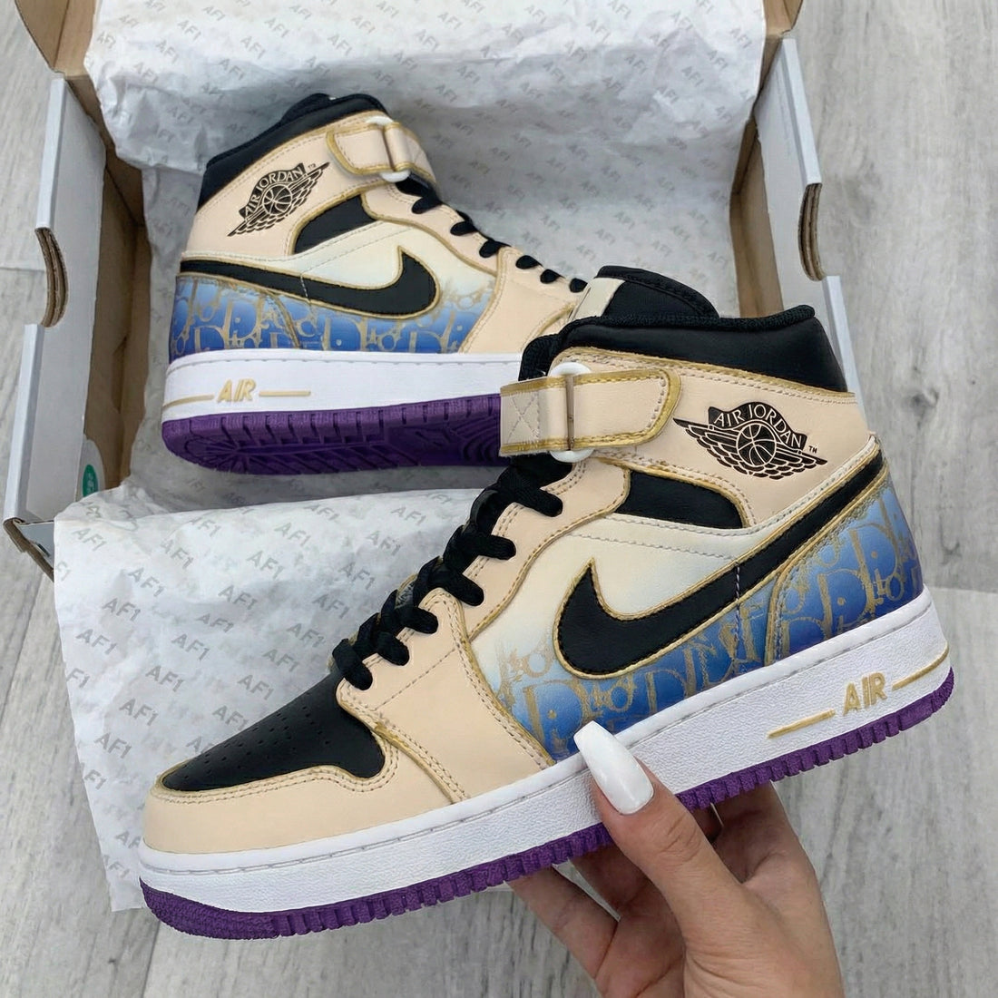 Custom AJ 1s Shoes Pattern Beige Black Purple
