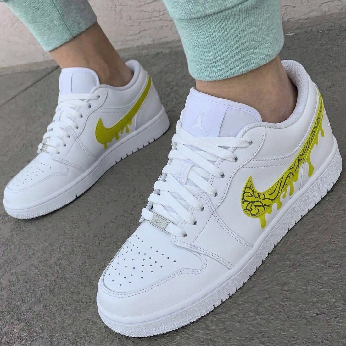 Custom AJ 1s Shoes Patterned Dripping Swoosh White Yellow