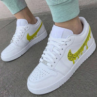 Custom AJ 1s Shoes Patterned Dripping Swoosh White Yellow