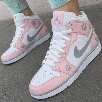 Custom AJ 1s Shoes Paw Print Baby Pink Gray