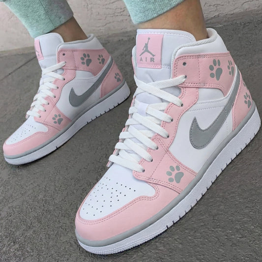 Custom AJ 1s Shoes Paw Print Baby Pink Gray
