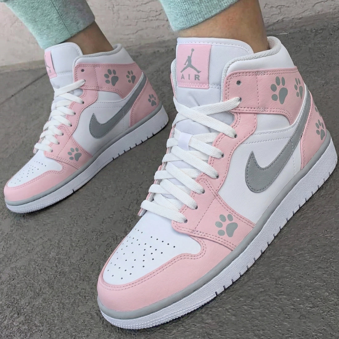 Custom AJ 1s Shoes Paw Print Baby Pink Gray