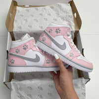 Custom AJ 1s Shoes Paw Print Baby Pink Gray