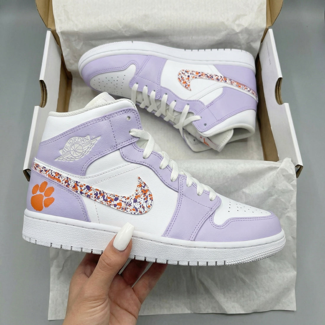 Custom AJ 1s Shoes Paw Print Splatter Swoosh Light Purple Orange