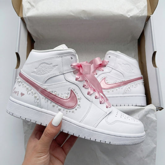 Custom AJ 1s Shoes Pearls Satin Ribbon Laces Baby Pink