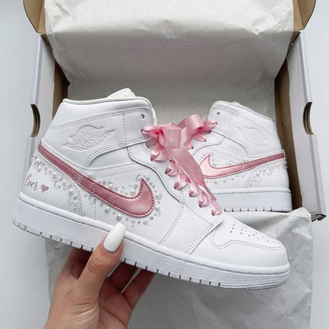 Custom AJ 1s Shoes Pearls Satin Ribbon Laces Baby Pink