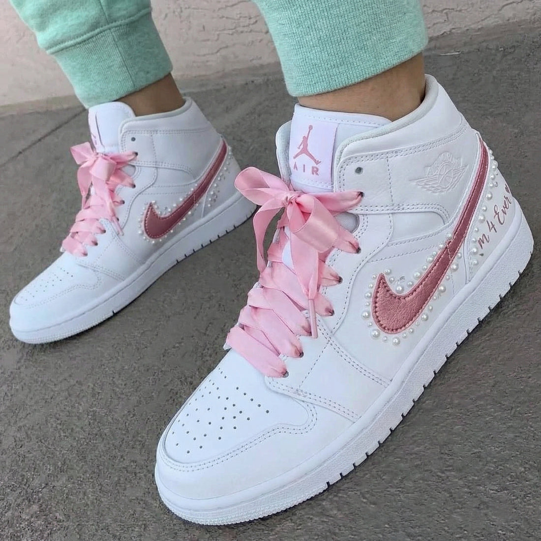 Custom AJ 1s Shoes Pearls Satin Ribbon Laces Baby Pink