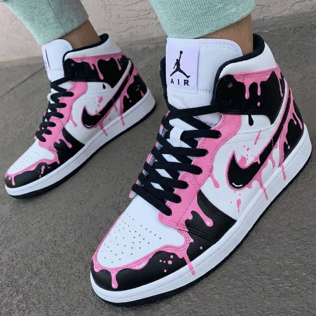 Custom AJ 1s Shoes Pink Drip Black Baby Pink