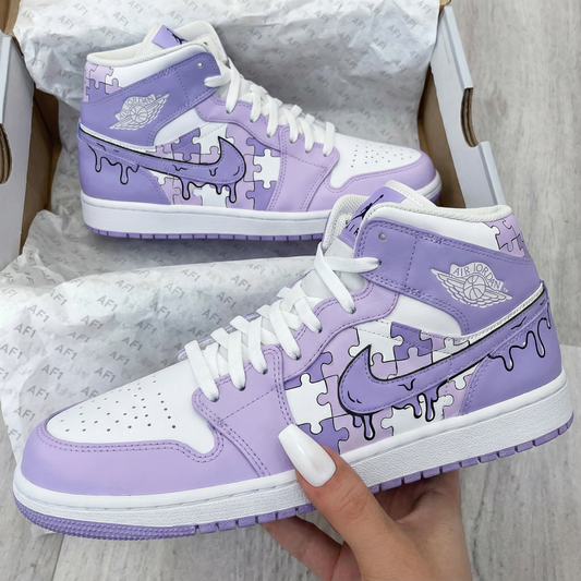 Custom AJ 1s Shoes Puzzle Pattern Lilac White