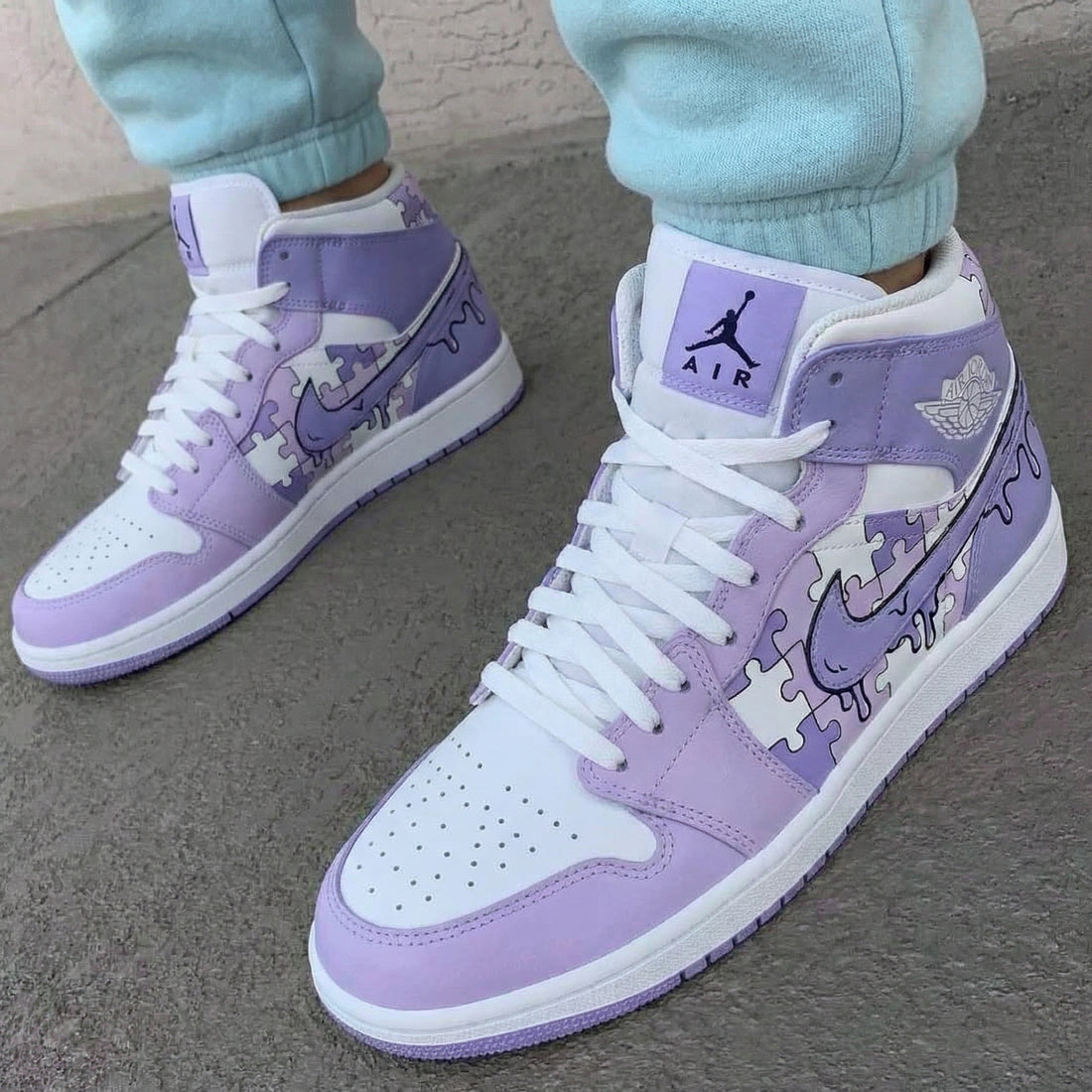 Custom AJ 1s Shoes Puzzle Pattern Lilac White