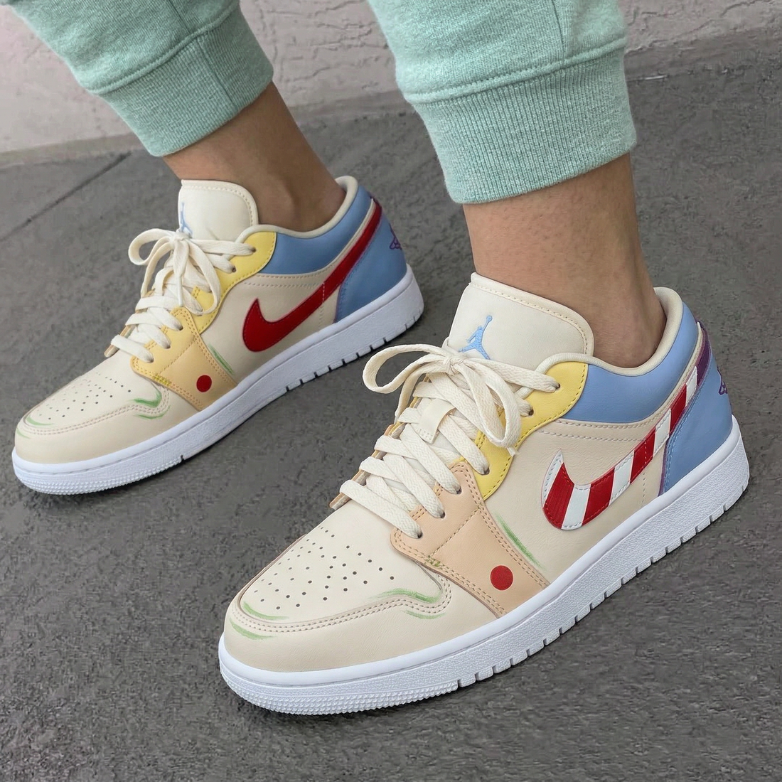 Custom AJ 1s Shoes Red White Striped Swoosh Baby Blue Yellow Red