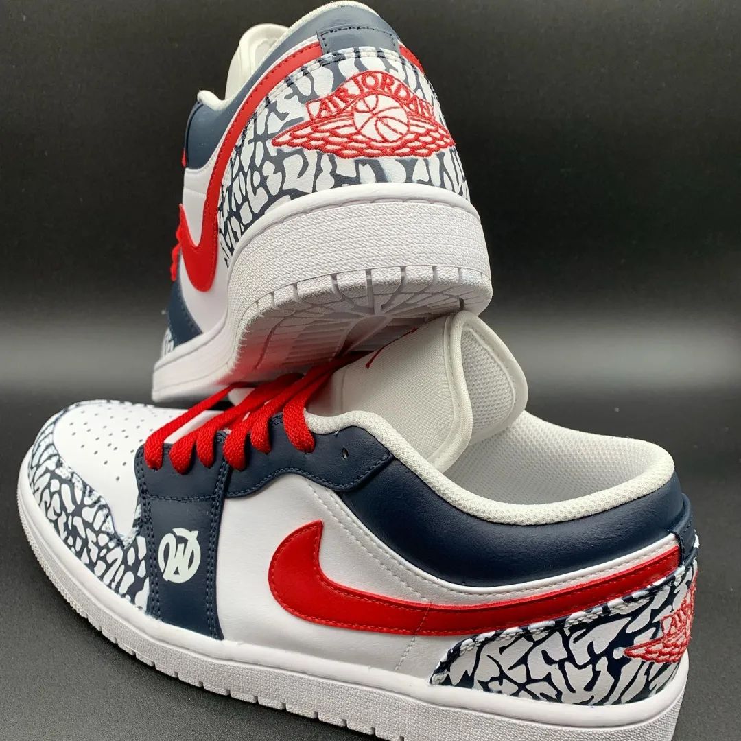 Custom AJ 1s Shoes Red with Navy Crackle Pattern
